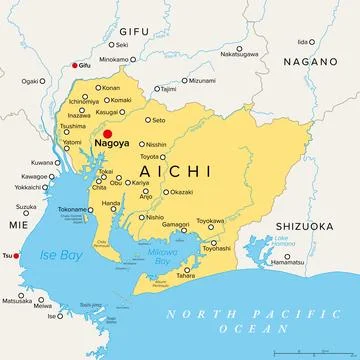 Aichi Prefecture of Japan, political map with capital Nagoya Stock Illustration