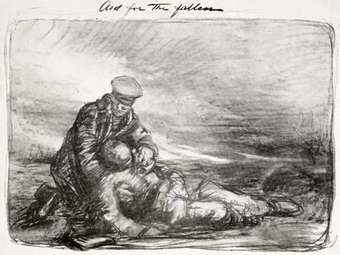 Aid For The Fallen. A Soldier Helps A Wounded Comrade. After And Illustration By Stock Photos