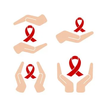 Aid red ribbon in hands vector icon set isolated on white background. Stock Illustration