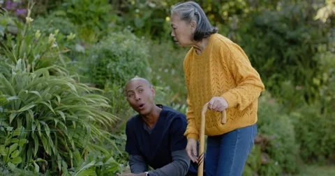 Aide crouching, showing leaf to senior Chinese coming with cane steadying and Vídeo Stock 345509712