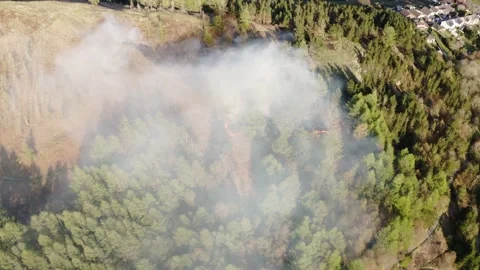 Aieral view of fire spreading on a mountain forest bank from kids starting fires Stock Footage 153053945