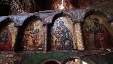 "Aigio-Greece: 7-21-2025" Greek Byzantine church interior showing wooden icons Stock Footage 316624997