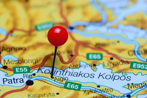 Aigio pinned on a map of Greece Stock Photos
