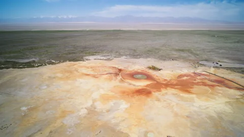 Aikeng Spring &amp;quot;Eye of the Devil&amp;quot; and Kunlun Snow Mountains Video stock 342148926