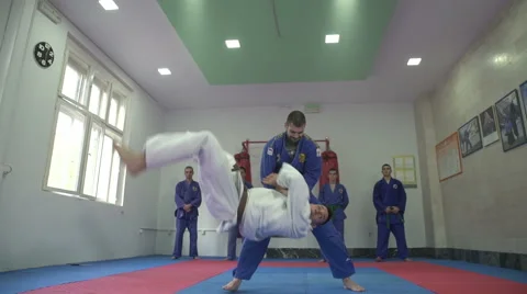 Aikido instructor and his students,attractive throw by Sheyno,slow motion,crane Stock Footage 63145701