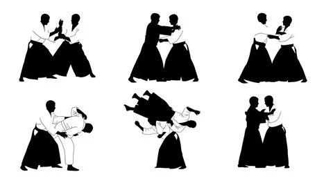 Aikido Joint Lock and Partner Silhouette Collection Stock Illustration