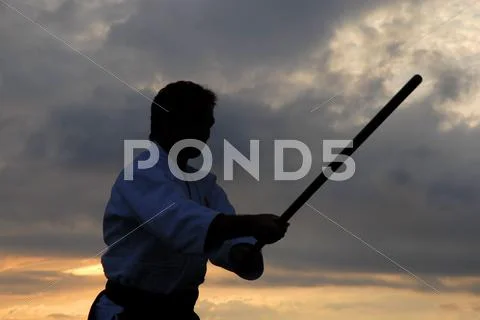 Aikido master silhouette with stick at sunset Stock Photos