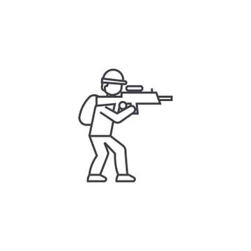 Aiming soldier vector line icon, sign, illustration on background, editable Illustrazione stock