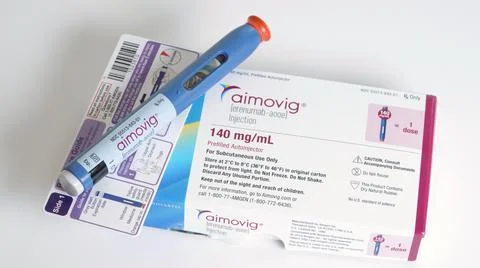 Aimovig injection on box Stock Photos