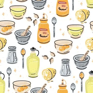 Aioli sauce seamless pattern with ingredients on white background Stock Illustration