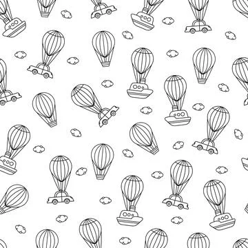 Air balloons. Seamless vector pattern with cute air balloons and clouds, with イラスト素材