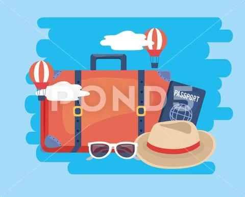Air balloons with travel baggage and passport Stock Illustration