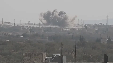 Air bomb attack, a powerful explosion, the province of Aleppo, Syria Video stock 169239414