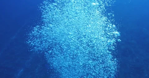 Air bubbles rise to the ocean surface forming a shimmering column in clear blue Stock Footage 334199822