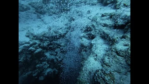 Air bubbles rising from a volcanic vent on the ocean floor surrounded by a rocky Stock Footage 336240259