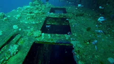 Air bubbles from scuba divers rising from windows on wheelhouse of Salem Express Stock Footage 332500886