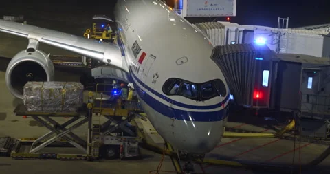 Air CHINA airplane cargo loading at airport gate at night in SHANGHAI CHINA Stock Footage 344917618
