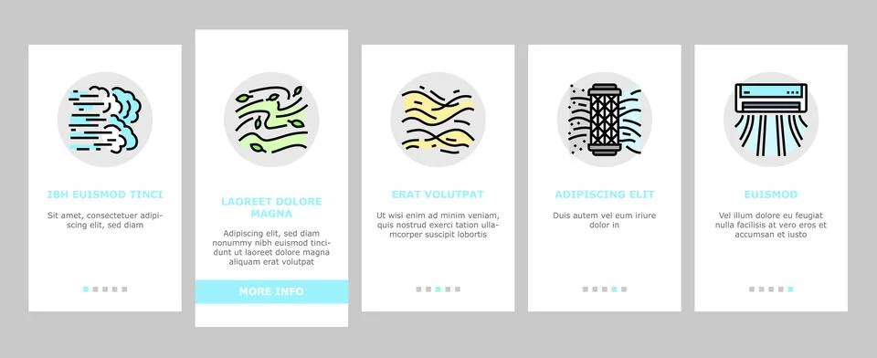Air clean fresh wind flow filter onboarding icons set vector Stock Illustration