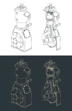 Air compressor cutaway technical drawings with internal parts Stock-Illustration