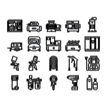 Air compressor pneumatic tools service equipment icons 스톡 일러스트