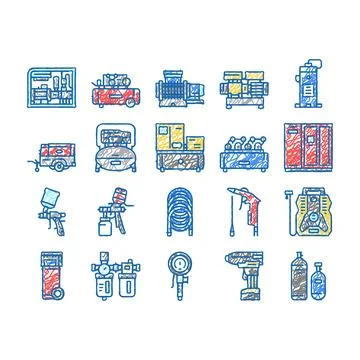 Air Compressor Tool set Icons hand drawn Ilustração Stock
