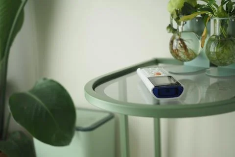 Air condition remote on a green table with plants nearby Stock Photos