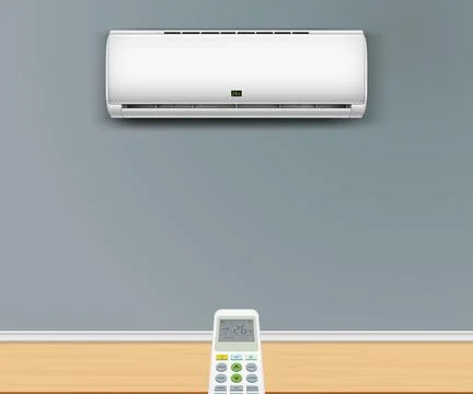 Air condition split system with remote control. Remote control is pointed at  Stock Illustration