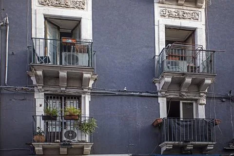 Air-conditioned balconies with architectural elements in Sicily. Traveling .. Stock Photos