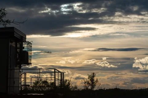 An air-conditioned observation tower set against a beautiful evening sky. 写真素材