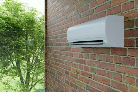 Air conditioner against the background of a large window	3d Stock Illustration