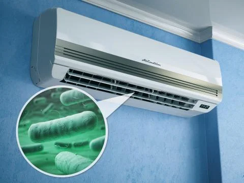 Air conditioner and bacterias llebsiella or legionella pneumophila. Stock Photos