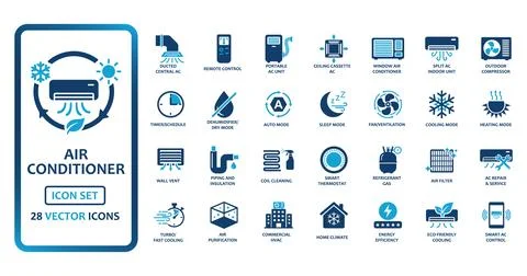 Air conditioner and HVAC vector icon set. Includes central AC, remote contr.. Stock Illustration