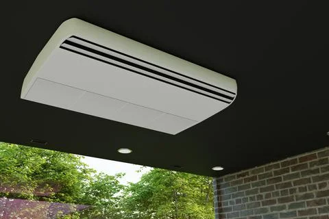 Air conditioner on black ceiling with brick wall and big window 3d Stock Photos