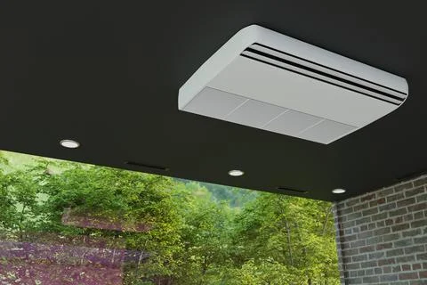 Air conditioner on black ceiling with brick wall and big window 3d Stock Photos