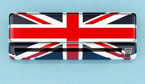 Air conditioner with British flag on the wall. House climate control system i Stock Illustration