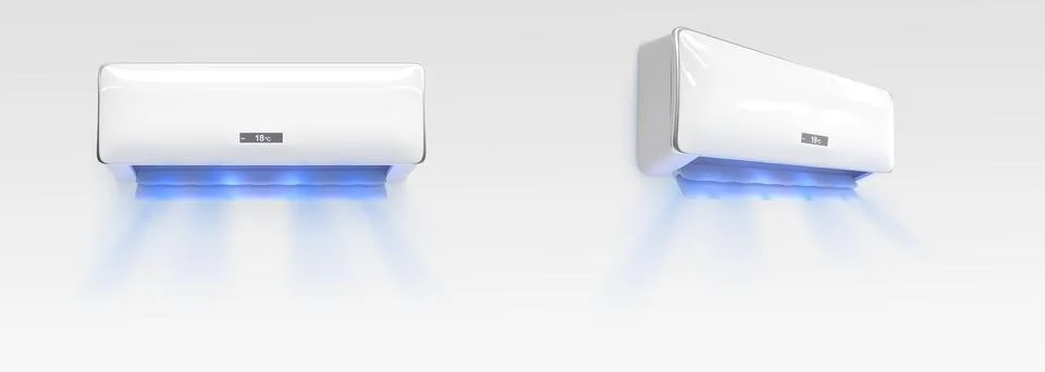 Air conditioner with cold wind waves front and angle view 3d render set Stock Illustration