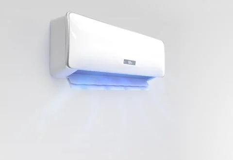 Air conditioner with cold wind waves flow 3d render. Split system for home and Stock Illustration