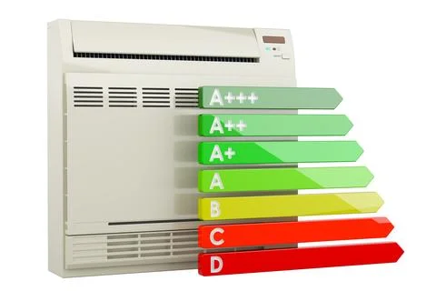 Air conditioner, floor standing unit with energy efficiency chart, 3D renderi Stock Illustration