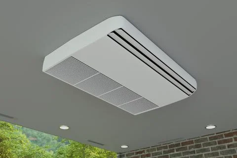 Air conditioner on a gray ceiling with a large window 3d Stock Photos