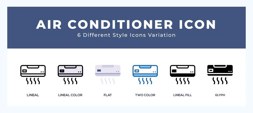 Air conditioner icon set with different styles. Design elements for logo. V.. Stock Illustration
