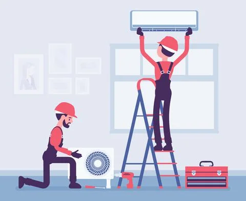 Air Conditioner installation by service technicians at home Stock Illustration