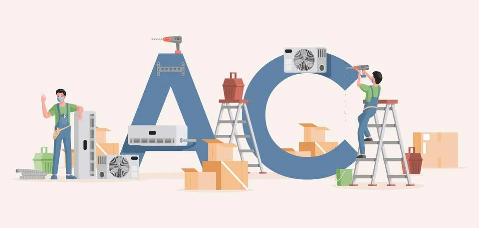 Air conditioner installation vector flat banner template. Specialists work to Ilustração Stock