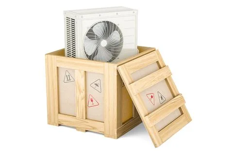 Air conditioner, outdoor compressor unit inside wooden box, delivery concep.. Illustrazione stock