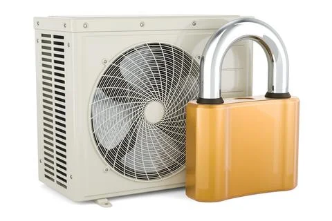 Air conditioner, outdoor compressor unit with padlock. 3D rendering Illustrazione stock