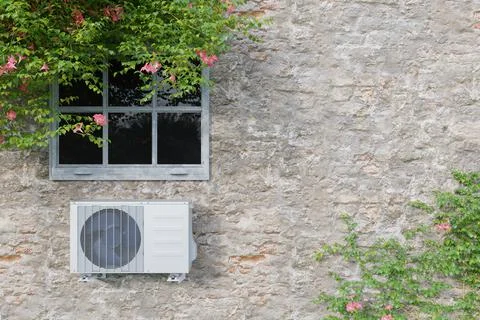 Air conditioner on plastered wall with window 3d Stock Illustration
