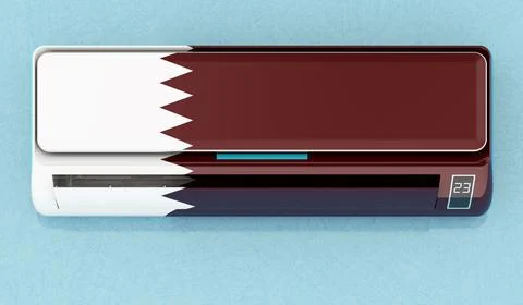Air conditioner with Qatari flag on the wall. House climate control system in Stock Illustration