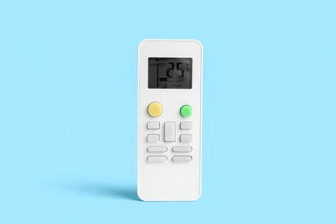 Air conditioner remote controls on blue background, closeup Stock Photos