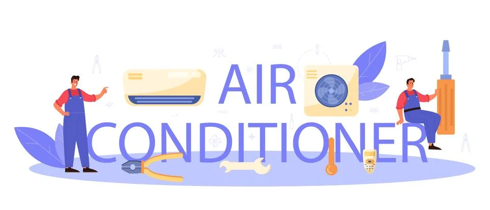 Air conditioner service typographic header. Repairman installing, Ilustración de archivo