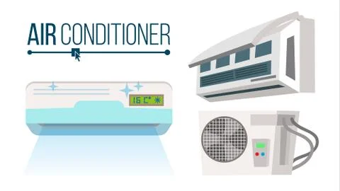 Air Conditioner Set Vector. Different Types Office, Home Conditioner System Illustrazione stock