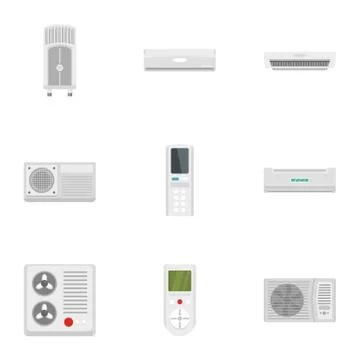 Air conditioner system icon set, flat style Illustrazione stock